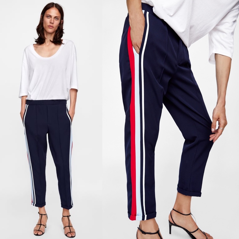 Zara High Waist Skinny Pants w/ Packet & Side Stripe Blue/Red Size S NEW